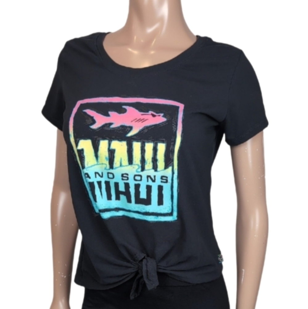 Maui & Sons Tie Front Tshirt Womens Size Large Black Neon Graphic Tee Surf Top
